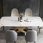 Mesa de comedor estilo Glam, mesa rectangular de piedra sinterizada con patas de metal para el hogar