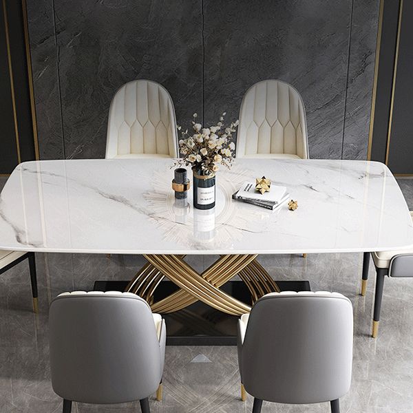 Mesa de comedor estilo Glam, mesa rectangular de piedra sinterizada con patas de metal para el hogar