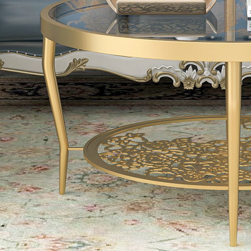 Contemporary Round Glass Top Coffee Table with Iron 4 Legs and Shelf Clearhalo 'Coffee & Accent Tables' 'Coffee Tables' 'coffee_tables' 'furn' 'furn_coffee_tables' 'Furniture' 'Living Room Furniture' 1200x1200_a5eb3951-7d45-4793-b9cf-de8a2f477ed3