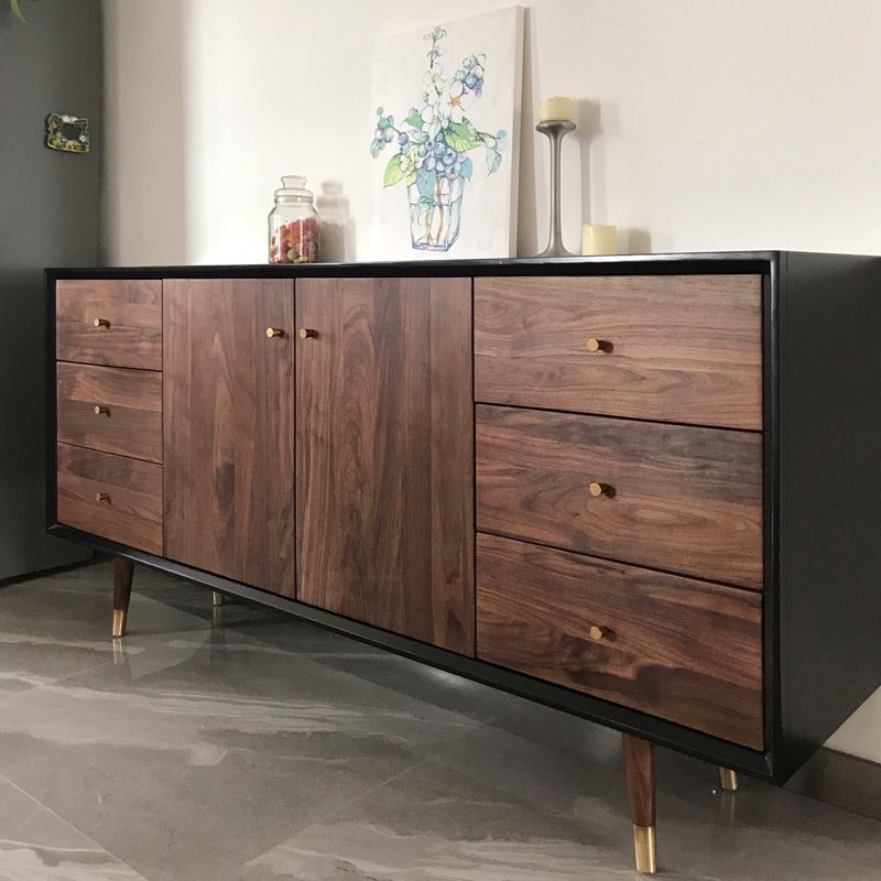 Glam -stijl bruine massieve houten buffettafel kasten opslagzijdeling met laden