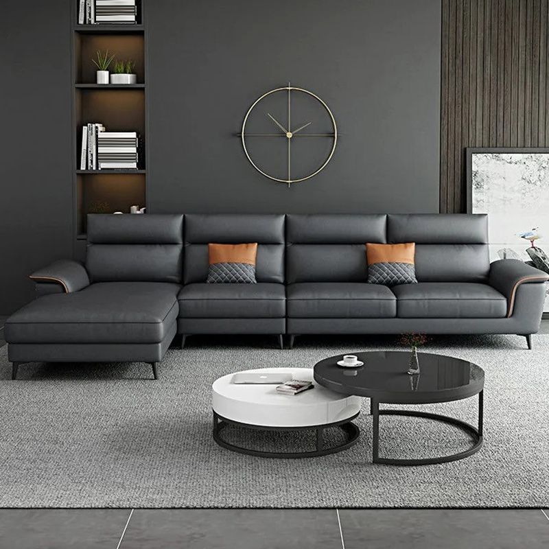 Modern 4-Seater Pillow Top Arm Sofa Faux Leather Sofa with Chaise - 129.9" W Clearhalo 'furn' 'furn_sectionals' 'Furniture' 'Living Room Furniture' 'Sectionals' 1200x1200_a5f50959-33f0-436c-9f70-f100906c40dd