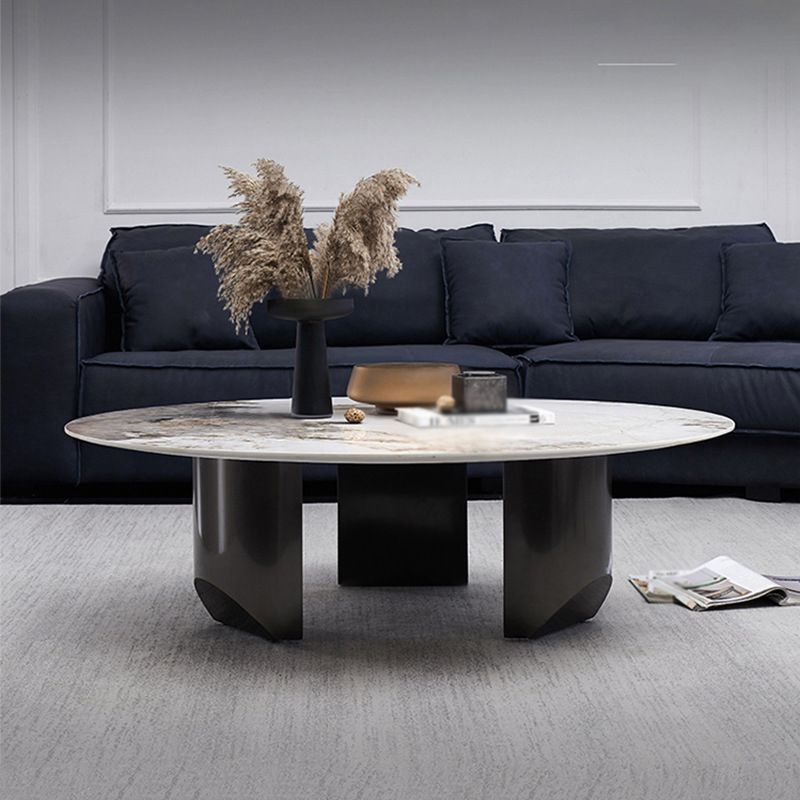 Modern Style Round Coffee Table with Iron Craft Black Base and Rock Slab White Top Clearhalo 'Coffee & Accent Tables' 'Coffee Tables' 'coffee_tables' 'furn' 'furn_coffee_tables' 'Furniture' 'Living Room Furniture' 1200x1200_a60eaee7-3bc1-4205-a77b-ff5244e12ab9