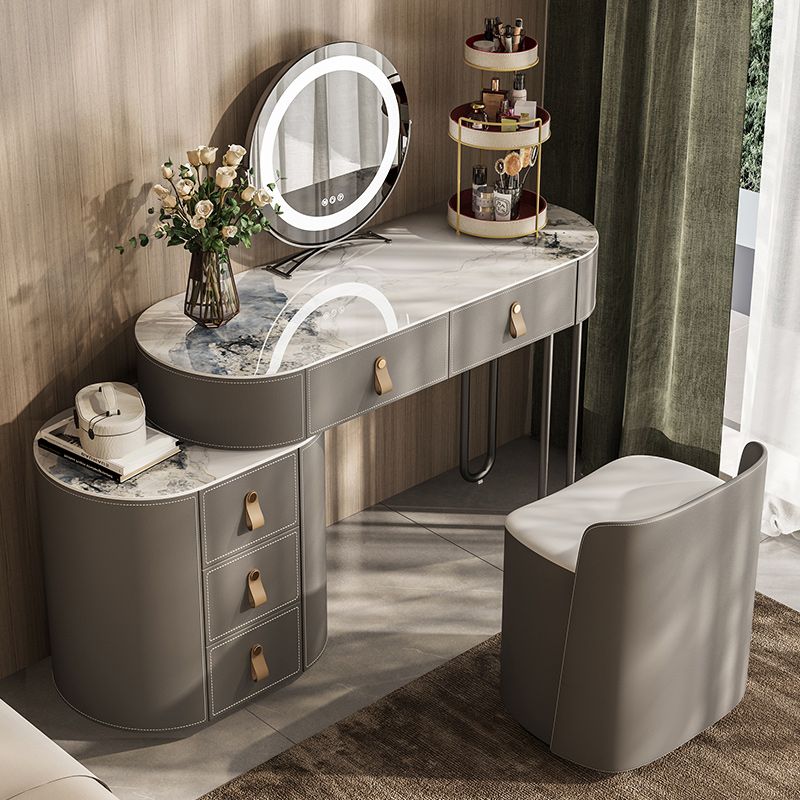Minimalism Solid Wood Makeup Vanity Desk Lighted Mirror Dressing Table Stool Set