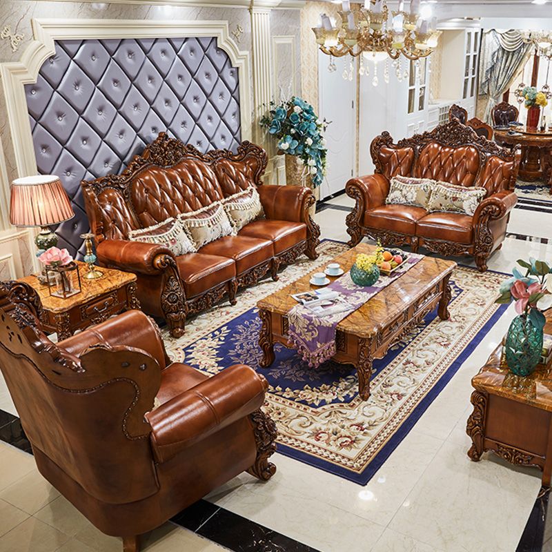 本革ソファ茶色の房状のスプリットバックロールアームソファリビングルーム用