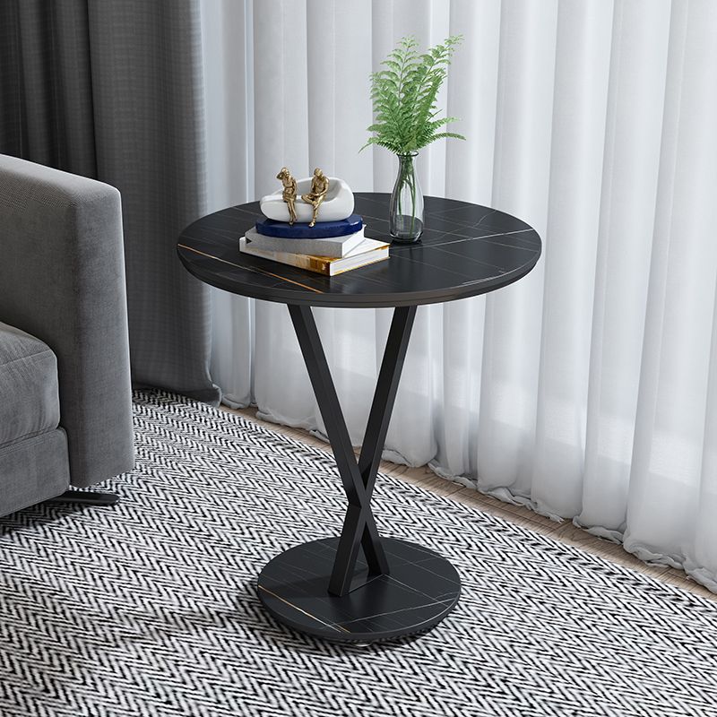 Modernistic Slate Top Round Side End Table Metal X-base End Table