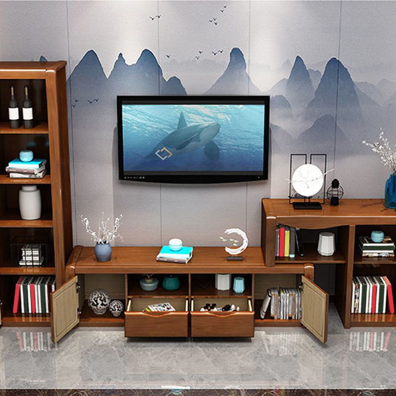 Consola de TV de almacenamiento abierta moderna soporte de televisión de madera maciza con cajones y puertas, 17 "D x 18.5" H