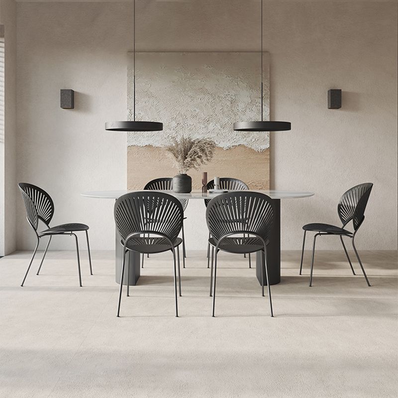 Oval Dining Table Stone Dining Table in White Top with Double Pedestal