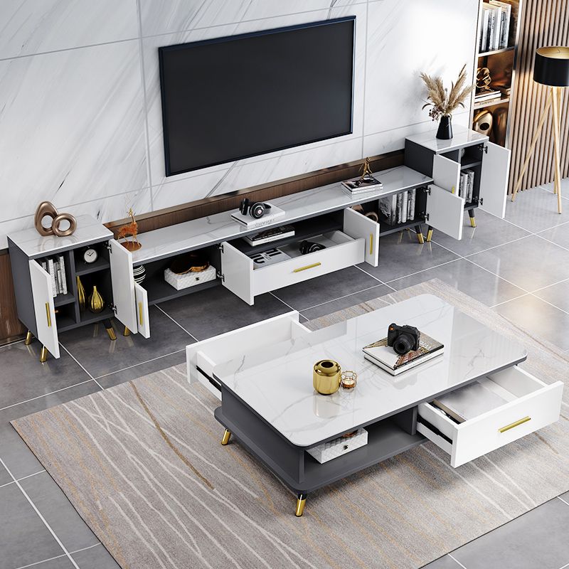 Modernism Rectangular Glass Top Coffee Table 1-Shelf 2-Drawer Cocktail Table Clearhalo 'Coffee & Accent Tables' 'Coffee Tables' 'coffee_tables' 'furn' 'furn_coffee_tables' 'Furniture' 'Living Room Furniture' 1200x1200_a6603649-5f20-48d0-bed6-079862bc2946
