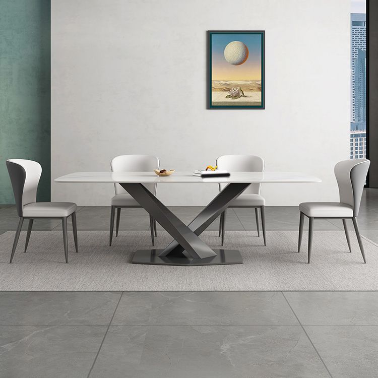 White Stone Top Dining Table Rectangular Tabletop with Metal Pedestal Base Clearhalo 'Dining Tables & Seating' 'Dining Tables' 'dining_table' 'furn' 'furn_dining_table' 'Furniture' 'Kitchen & Dining Furniture' 1200x1200_a67636fe-40ca-41a0-9f3f-9c7ed6eee323