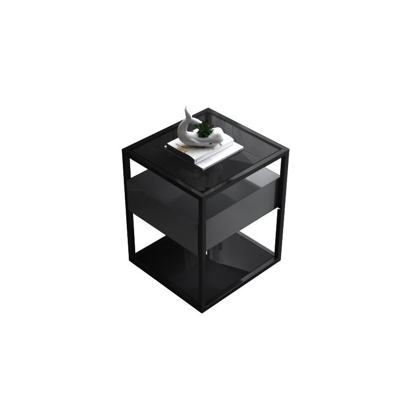 21.2" Tall Modern Rectangular Glass Top Side Table Iron Frame End Table with Storage