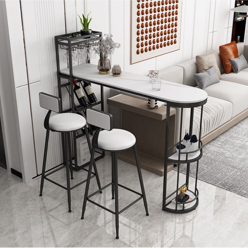 White Stone Glam Indoor Bar Dining Table Iron Double Pedestal Bistro Table with Wine Rack Clearhalo 'Bar Furniture' 'Bar Tables' 'bar_tables' 'furn' 'furn_bar_tables' 'Furniture' 'furniture_bar_tables' 'Kitchen & Dining Furniture' 'kitchen&dining_furn' 'kitchen' 1200x1200_a698a379-d174-4d5f-ade6-6744536c7081