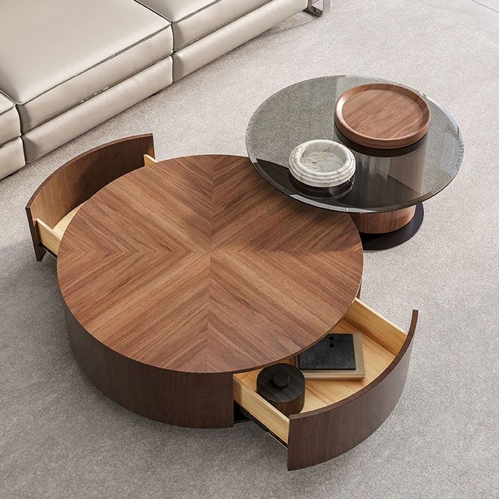 Contemporary Round Wood Coffee Table Drum Base Cocktail Table