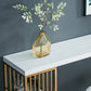 Glam Marble Table with Rectangle Table Top Gold Double Pedestal Table - 41.3" H Clearhalo 'Bar Furniture' 'Bar Tables' 'bar_tables' 'furn' 'furn_bar_tables' 'Furniture' 'furniture_bar_tables' 'Kitchen & Dining Furniture' 1200x1200_a6a86eee-9840-478a-9c64-f6dabe12bb28