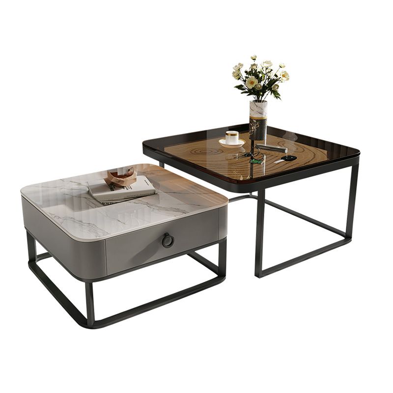 Table basse avec plateau en verre/ardoise, cadre contemporain, table de cocktail avec tiroirs