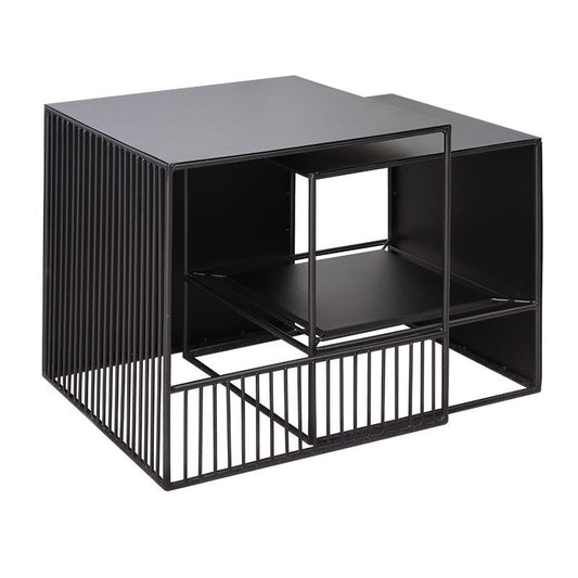 Marco 2 Nestitante Tabla de café cuadrado Mesa de cóctel de hierro negro con estante de almacenamiento