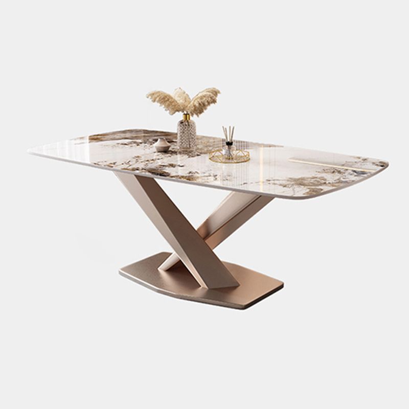 Rectangular Luxury White Stone Top Dining Table with Metal Pedestal Clearhalo 'Dining Tables & Seating' 'Dining Tables' 'dining_table' 'furn' 'furn_dining_table' 'Furniture' 'Kitchen & Dining Furniture' 1200x1200_a725dde1-f99c-4a5e-8f73-b93a5bed4834