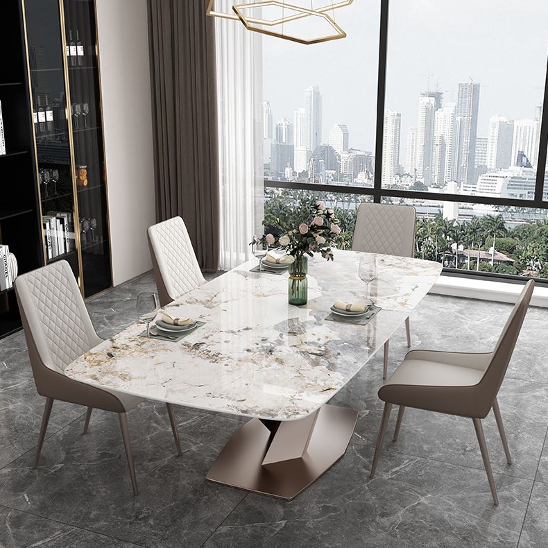 Modern Style Sintered Stone Dining Table with Standard Height Table and Rose Gold Trestle Base Clearhalo 'Dining Room Sets' 'Dining Tables & Seating' 'dining_room_set' 'furn' 'furn_dining_room_set' 'Furniture' 'furniture_dining_room_set' 'Kitchen & Dining Furniture' 'kitchen&dining_furn' 'kitchen' 1200x1200_a73d2d64-12a7-40ee-a85d-46497a2cf524
