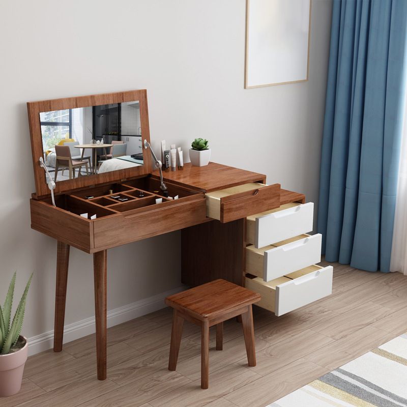 Tavolo da trucco in vanità in legno massiccio con specchio e 4 -catrawer - 17,72 "d
