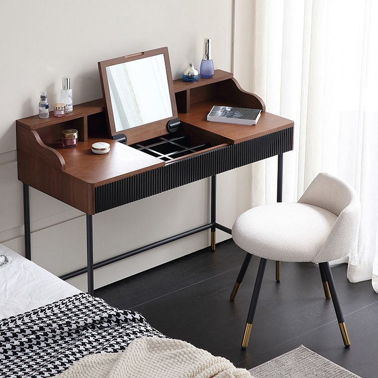 Contemporary Flip Single Wood Vanity with Padded Stool Lighted Mirror Vanity Desk Clearhalo 'Bedroom Furniture' 'furn' 'furn_makeup_vanities' 'Furniture' 'Makeup Vanities' 'makeup_vanities' 1200x1200_a74cc0fa-b4aa-4302-972c-f9eeae5cd333