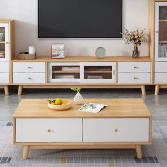 リビングルームのために2つの引き出しと4つの木製の脚がbroneにある木製コーヒーテーブル