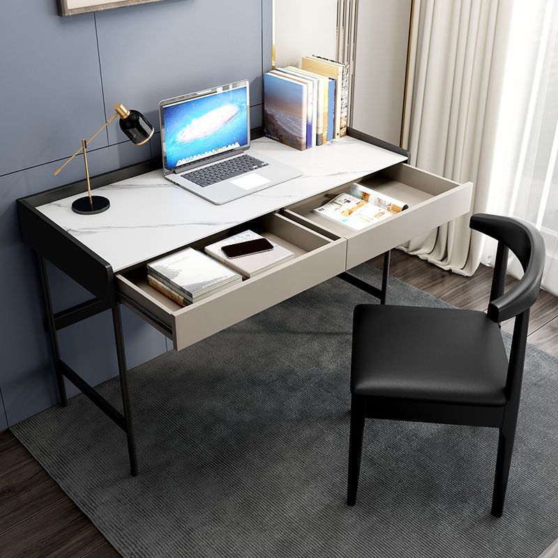Modern Stone Rectangular Writing Desk 2-Drawers White Office Desk with H-Base Clearhalo 'furn' 'furn_office_desk' 'Furniture' 'Office Desks' 'Office Furniture' 'office_desk' 1200x1200_a771a07f-ecc8-4098-8560-38ea36b68c84