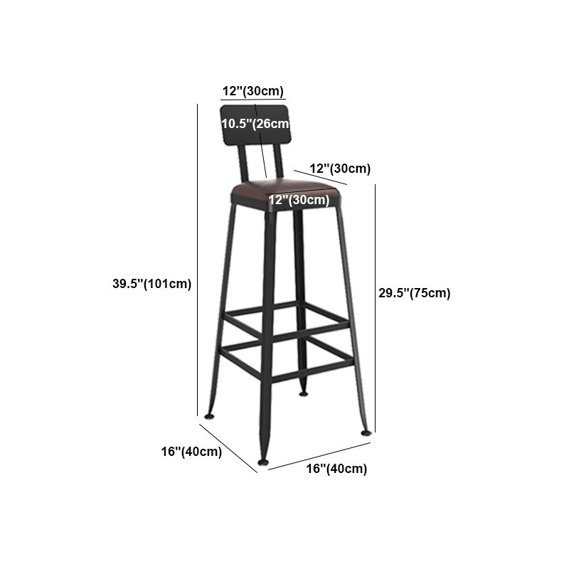 Industrial Indoor Bar & Counter Stool Square Footrest Backrest Black Metal Counter Stool