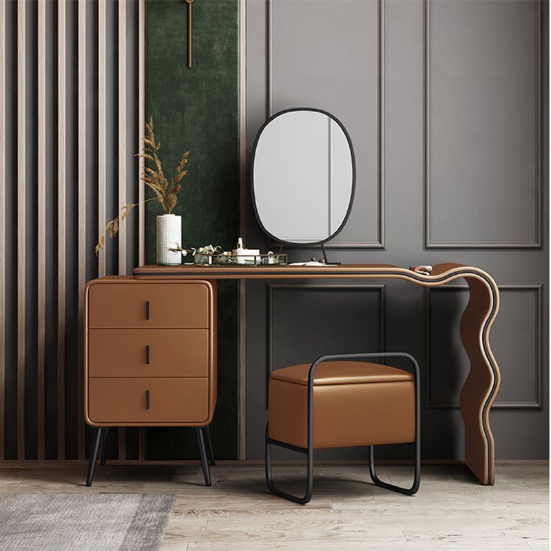3 Drawers Make-up Vanity Set, 28.74" H Leather Vanity with Stool & Mirror Clearhalo 'Bedroom Furniture' 'furn' 'furn_makeup_vanities' 'Furniture' 'Makeup Vanities' 'makeup_vanities' 1200x1200_a78348e3-9f7b-4220-a281-384c3a62934a
