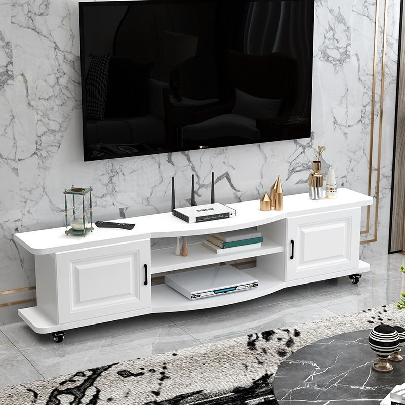 Meuble TV contemporain en bois, rangement ouvert, Console multimédia TV avec pieds pour salon