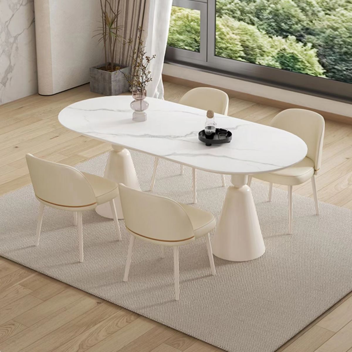 Modern White Top Dining Table for Small Space Linen White Finish Steel Base
