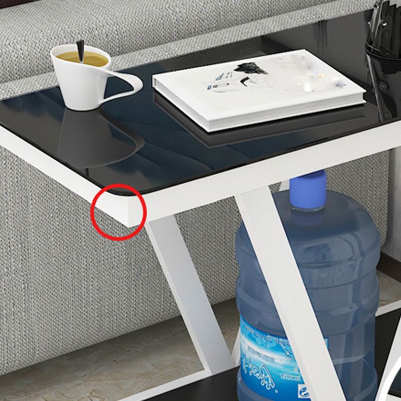 モダン23.22 "背の高いスクエアガラス上部サイドテーブルスチール架台ベースエンドテーブル付き棚付き