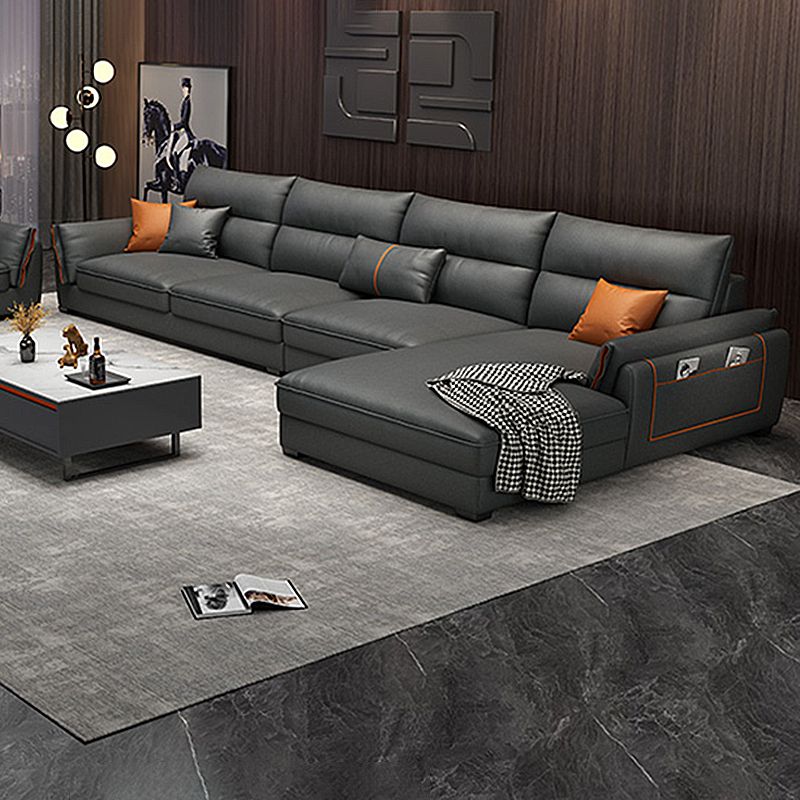 Recessed Arm Dark Gray Modern Chaise Faux Leather L-Shape Sofa