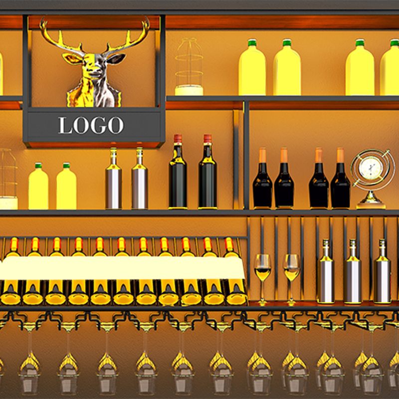 Kit de estante de vino montado en la pared estante de soporte de vino de metal y madera en negro y marrón