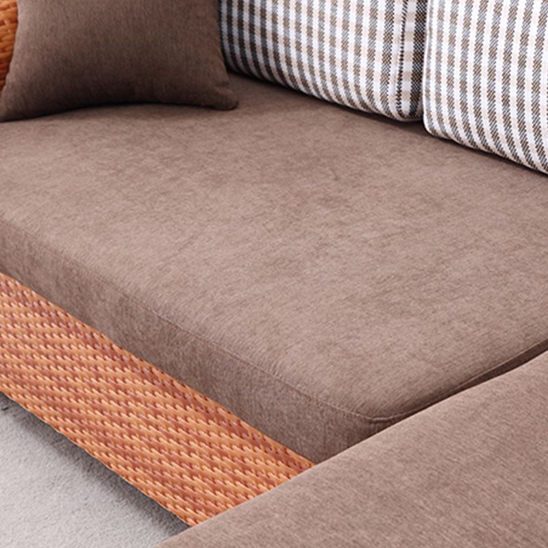 Sofá de ratán tropical de 3 plazas con chaise longue con brazos volumétricos marrones y respaldo suelto