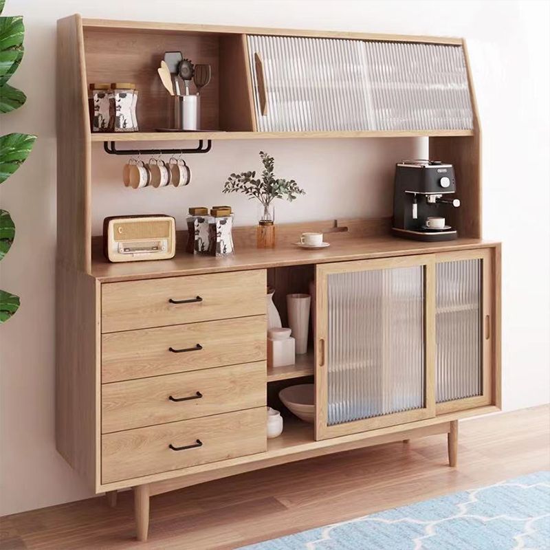 Moderno tavolo a buffet in legno in legno in pino a 4 cassetti con porta di vetro