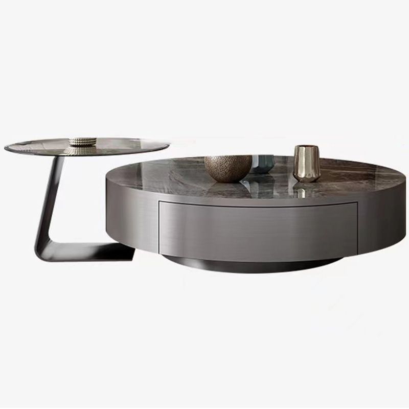 Modern Gray Cocktail Table Round Glass /  Slate Coffee Table