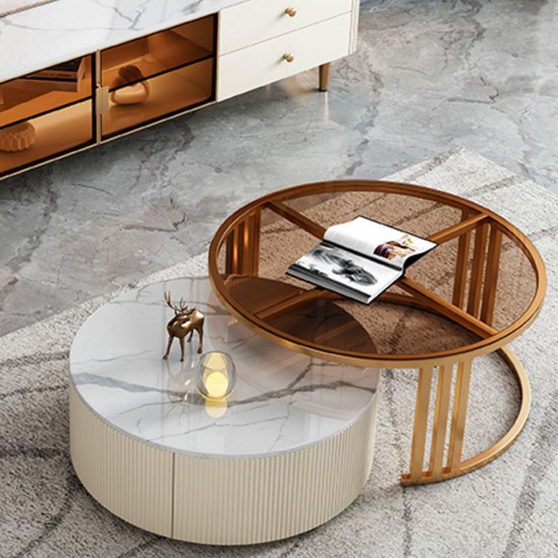 Glazen salontafel frame ronde nestelende salontafel met opbergladen