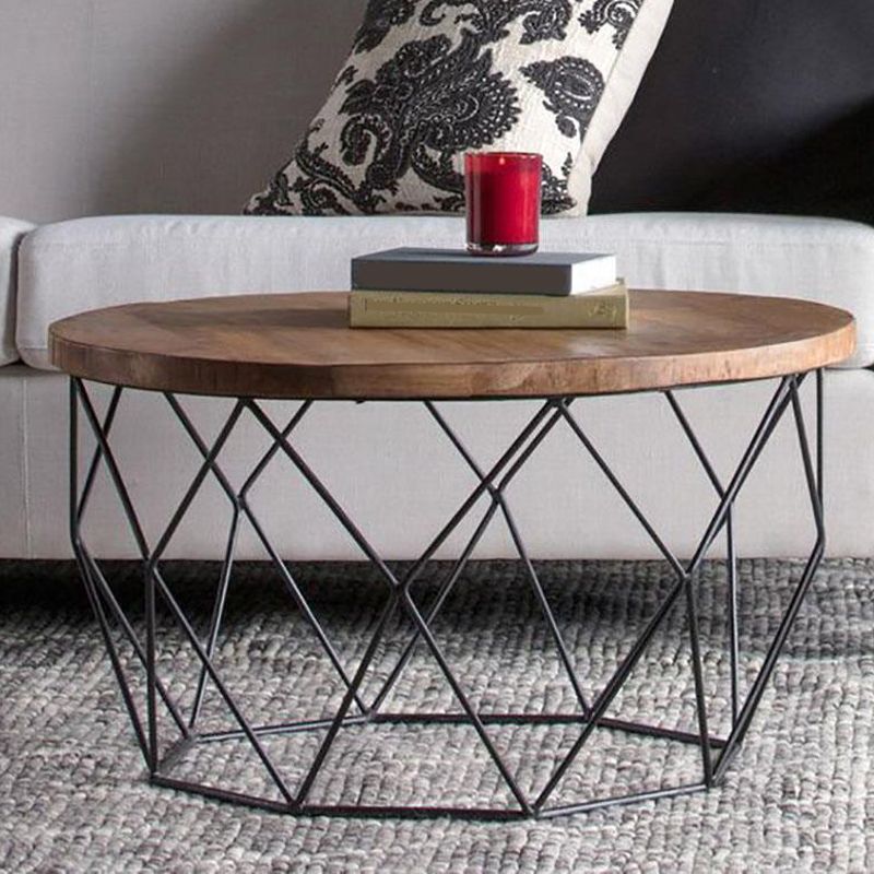 17.7" H Wood Round Top Coffee Table, Metal Frame Base Cocktail Table Clearhalo 'Coffee & Accent Tables' 'Coffee Tables' 'coffee_tables' 'furn' 'furn_coffee_tables' 'Furniture' 'Living Room Furniture' 1200x1200_a850b78e-4d99-4c50-8139-83787509ab61