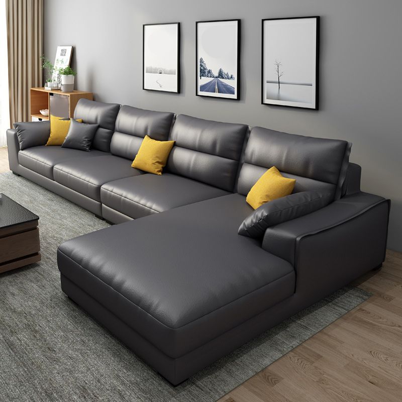 Faux Leather Sectional with 4 Pillows Back and Square Arm for Living Room