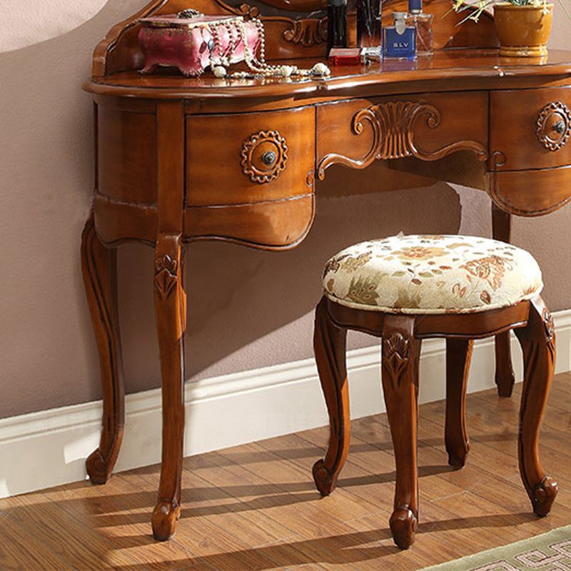 Traditional Solid Wood Brown Bedroom Mirror With Drawer Makeup Vanity Set