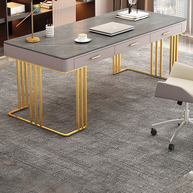 Stone and Metal Writing Desk Glam Pewter Office Desk 3 Drawer