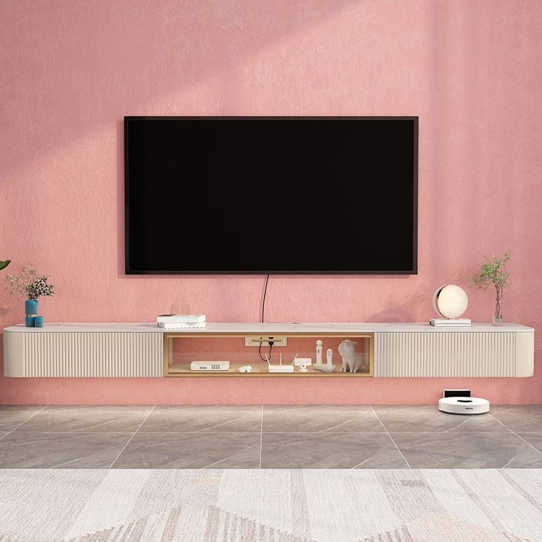 Console televisiva contemporanea con cassetti in pietra e supporto TV in legno