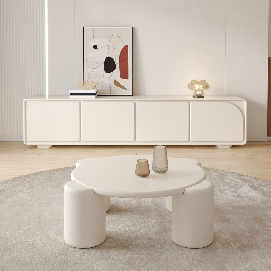 Mesa de cóctel contemporánea de madera redonda, mesa de centro blanca de 4 patas, 13,8" de alto