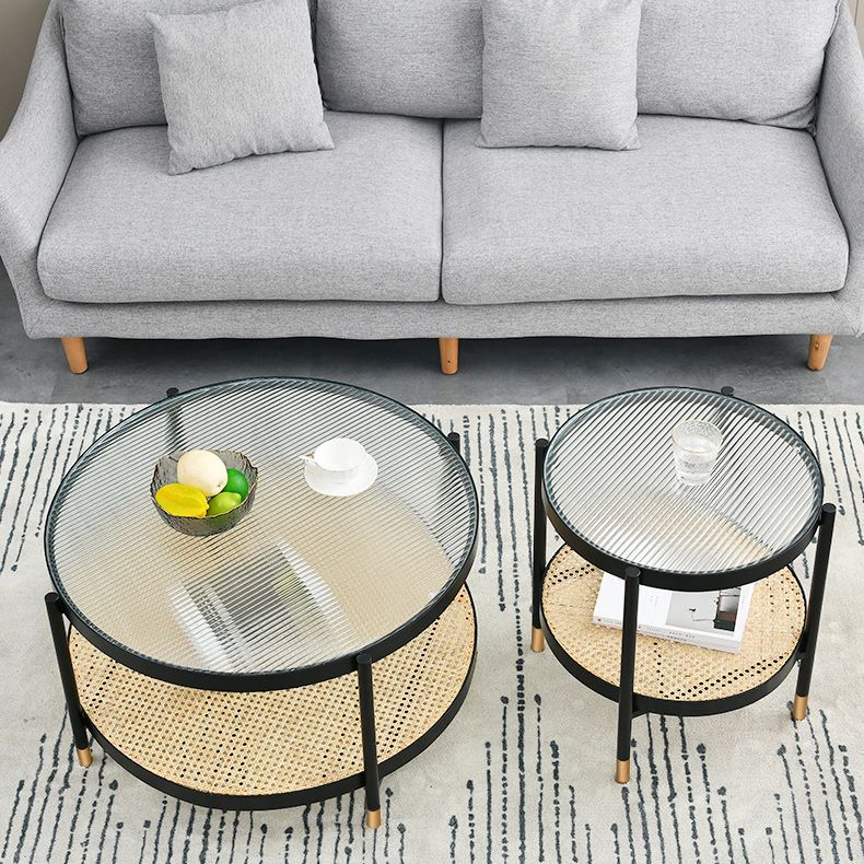 Table basse moderne en verre transparent avec rangement, ensemble de Table à cocktail ronde à 4 pieds