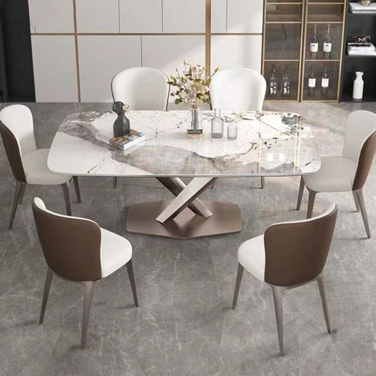 Metal Traditional Luxury Rectangle Table Sintered Stone Top Table with Pedestal