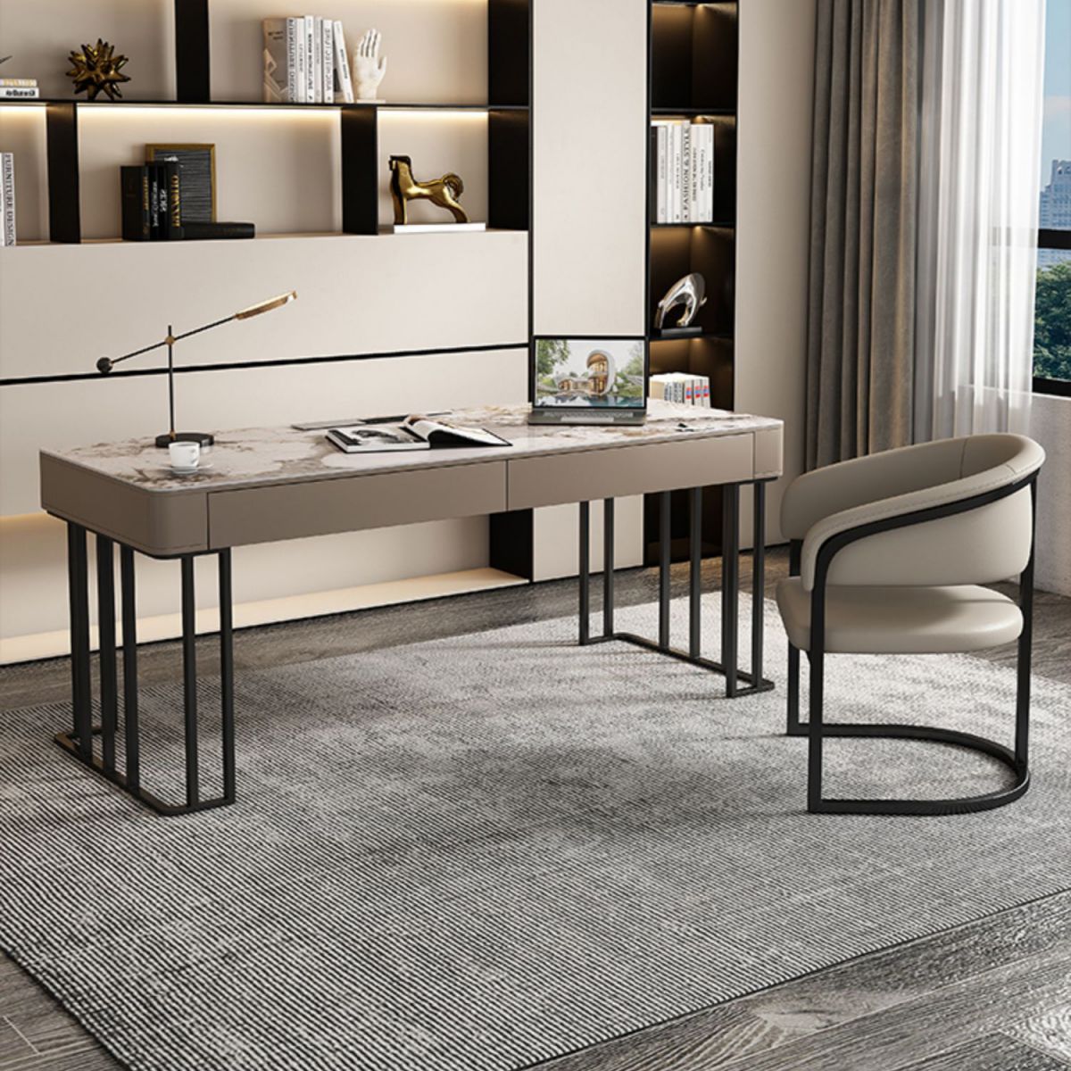 Modern Style 2-drawer Office Desk Sintered Stone Desk with Cable Management Clearhalo 'furn' 'furn_office_desk' 'Furniture' 'Office Desks' 'Office Furniture' 'office_desk' 1200x1200_a91068c8-83de-49d7-beb1-066d43d2a436