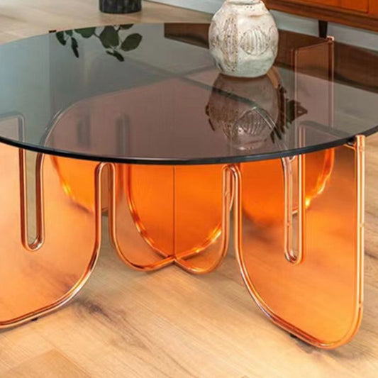 Contemporary Round Coffee Table with Glass Top and Acrylic Cross Base Clearhalo 'Coffee & Accent Tables' 'Coffee Tables' 'coffee_tables' 'furn' 'furn_coffee_tables' 'Furniture' 'Living Room Furniture' 1200x1200_a911cbc6-3cc7-43d1-aef3-35b62cacd02d