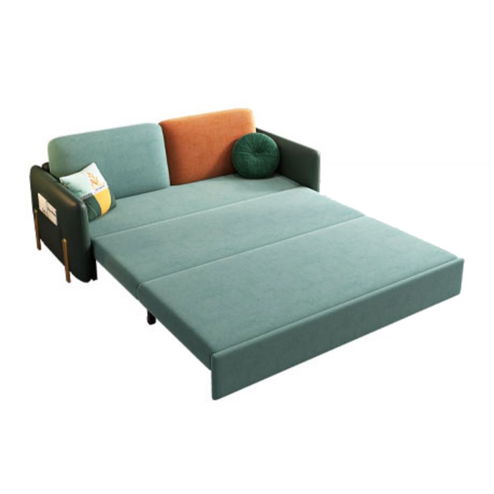 Square Arms Futon Foldable Pillow Included Green Sleeper Sofa with Storage
