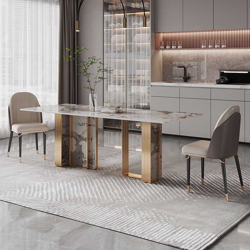 1/4/5/9 Pieces Rectangle Glam Furniture Stone Dining Table Set with Double Pedestal Base Clearhalo 'Dining Room Sets' 'Dining Tables & Seating' 'dining_room_set' 'furn' 'furn_dining_room_set' 'Furniture' 'furniture_dining_room_set' 'Kitchen & Dining Furniture' 'kitchen&dining_furn' 'kitchen' 1200x1200_a949d4a9-f11f-4420-9d94-6d736f472178