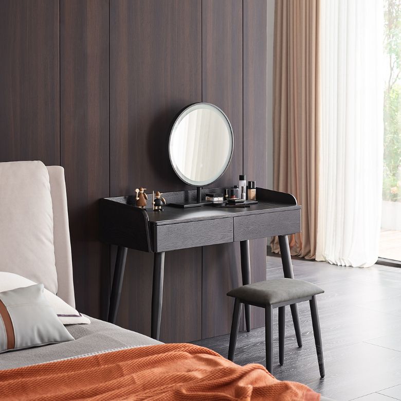 Vanity di pietra contemporanea, 2 cassetti di stoccaggio con sgabello, nero/nero