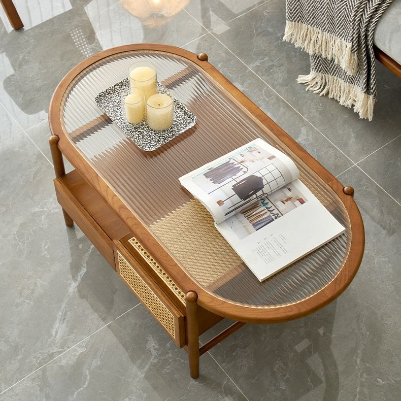 Modern Oval Glass Top Coffee Table with Shelf and 4 Drawers Cocktail Table Clearhalo 'Coffee & Accent Tables' 'Coffee Tables' 'coffee_tables' 'furn' 'furn_coffee_tables' 'Furniture' 'Living Room Furniture' 1200x1200_a956fded-8e01-423e-b70e-303ec2aafa4f